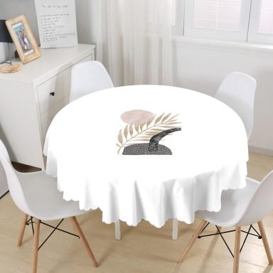 Beyaz Zemin Üzerinde Gold Yaprak Motifli Yuvarlak Masa Örtüsü - Çap 140cm