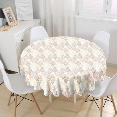 Beyaz Zemınli Soft Renkli Yapraklı Dijital Baskılı Modern Yuvarlak Masa Örtüsü - Çap 140cm