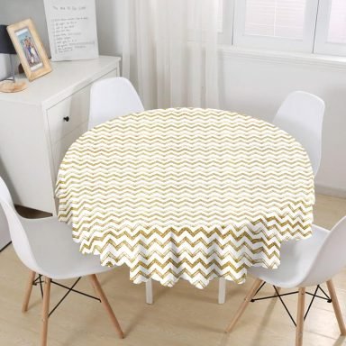Beyaz Zeminde Gold Zigzag Desenli Dijital Baskılı Modern Yuvarlak Masa Örtüsü - Çap 140cm