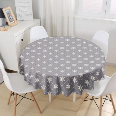 Gri Zeminli Kar Tanesi Desenli Dijital Baskılı Modern Yuvarlak Masa Örtüsü - Çap 140cm
