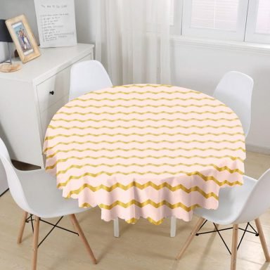 Pudra Zeminde Gold Renkli Zigzag Desenli Dijital Baskılı Modern Yuvarlak Masa Örtüsü - Çap 140cm