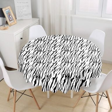 Beyaz Zeminli Siyah Çizgi Desenli Dijital Baskılı Modern Yuvarlak Masa Örtüsü - Çap 140cm