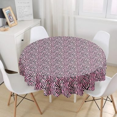 Siyah Zeminli Pembe Renkli Çizim Dijital Baskılı Modern Yuvarlak Masa Örtüsü - Çap 140cm