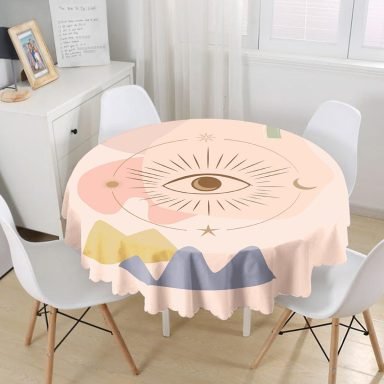 Pastel Renkli Zeminli Onedraw Çizimli Dijital Baskılı Modern Yuvarlak Masa Örtüsü - Çap 140cm
