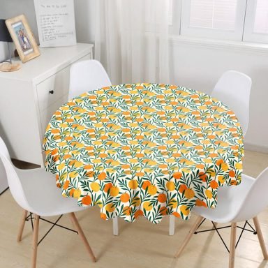 Renkli Zeminde Onedraw Çizimli Limon Desenli Dijital Baskılı Modern Yuvarlak Masa Örtüsü - Çap 140cm