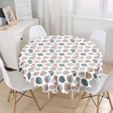 Beyaz Zeminli Onedraw Çizimli Yaprak Motifli Dijital Baskılı Modern Yuvarlak Masa Örtüsü - Çap 140cm