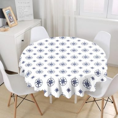 Beyaz Zeminli Modern Pusula Desenli Dijital Baskılı Modern Yuvarlak Masa Örtüsü - Çap 140cm