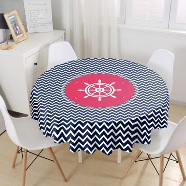 Renkli Zemin Üzerinde Geometrik Zigzag Desenli Çapa Yuvarlak Masa Örtüsü - Çap 140cm