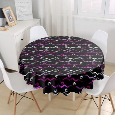Siyah Zeminli Renkli Zigzag Desenli Dijital Baskılı Modern Yuvarlak Masa Örtüsü - Çap 140cm