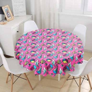 Pembe Zeminli Modern Renkli Desenli Dijital Baskılı Modern Yuvarlak Masa Örtüsü - Çap 140cm
