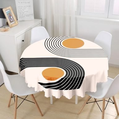 Renkli Zeminli Geometrik Desenli Dijital Baskılı Modern Yuvarlak Masa Örtüsü - Çap 140cm