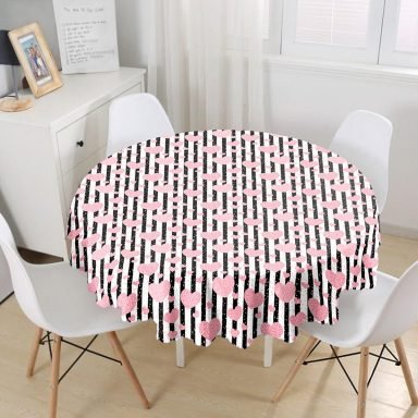 Beyaz Zeminli Renkli Kalp Desenli Dijital Baskılı Modern Yuvarlak Masa Örtüsü - Çap 140cm