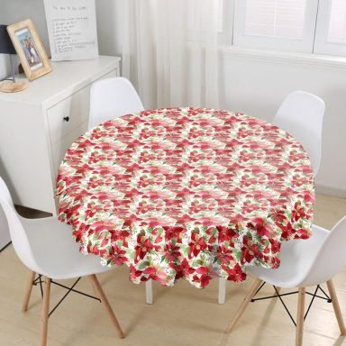 Beyaz Zeminli Renkli Yaprak Desenli Dijital Baskılı Modern Yuvarlak Masa Örtüsü - Çap 140cm