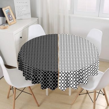 Siyah & Beyaz Ogea Desenli Dijital Baskılı Yuvarlak Masa Örtüsü - Çap 140cm