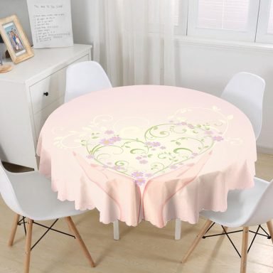 Pembe Zemin Özel Kalp Tasarımlı Dijital Baskılı Yuvarlak Masa Örtüsü - Çap 140cm