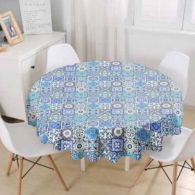 Mavi Çini Desen Motifli Dijital Baskılı Yuvarlak Masa Örtüsü - Çap 140cm