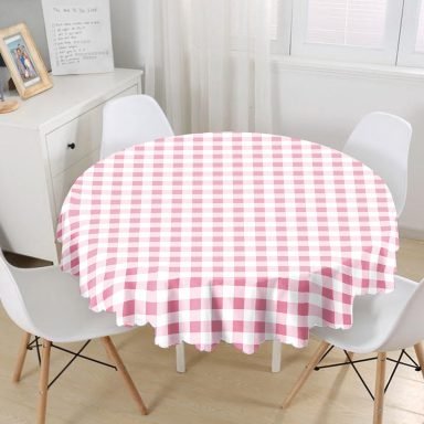 Pembe Ekose Motifli Özel Tasarım Dijital Baskılı Yuvarlak Masa Örtüsü - Çap 140cm