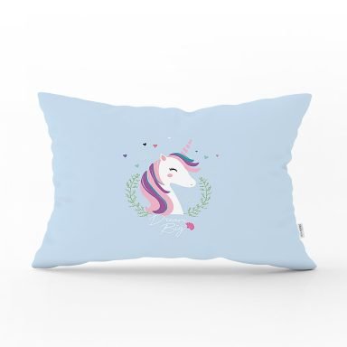 Realhomes Mavi Zeminli Magic Unicorn Tasarımlı Modern Dikdörtgen Yastık Kırlent Kılıfı