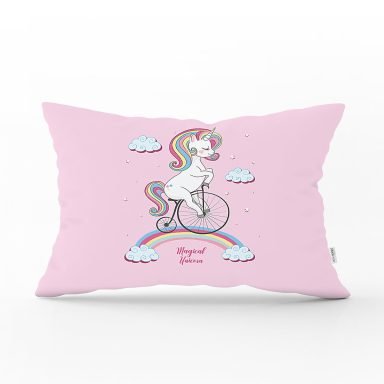 Realhomes Pembe Zeminde Bisiklet ve Unicorn Tasarımlı Modern Dikdörtgen Yastık Kırlent Kılıfı