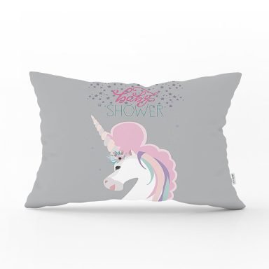 Gri Zeminde Baby Shower Unicorn At Tasarımlı Modern Dikdörtgen Yastık Kırlent Kılıfı
