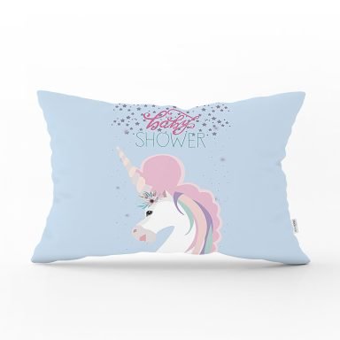Mavi Zeminde Baby Shower Unicorn At Tasarımlı Modern Dikdörtgen Yastık Kırlent Kılıfı