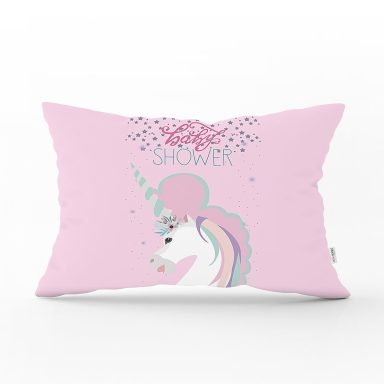Pembe Zeminde Baby Shower Unicorn At Tasarımlı Modern Dikdörtgen Yastık Kırlent Kılıfı