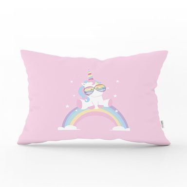 Pembe Zeminde Unicorn Tasarımlı Çocuk Odası Dikdörtgen Yastık Kırlent Kılıfı