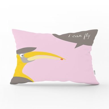 Pembe Zeminde I Can Fly Leylek Motifli Bebek Odası Dikdörtgen Yastık Kırlent Kılıfı