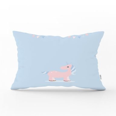 Mavi Zemin Baby Shower Temalı Unicorn Desenli Dijital Baskılı Çocuk Odası Dikdörtgen Yastık Kırlent Kılıfı