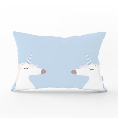 Mavi Zemin Baby Shower Temalı Unicorn Desenli Dijital Baskılı Çocuk Odası Dikdörtgen Yastık Kırlent Kılıfı