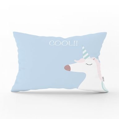 Mavi Zemin Cool Yazılı Unicorn Baskılı Dijital Baskılı Çocuk Odası Dikdörtgen Yastık Kırlent Kılıfı