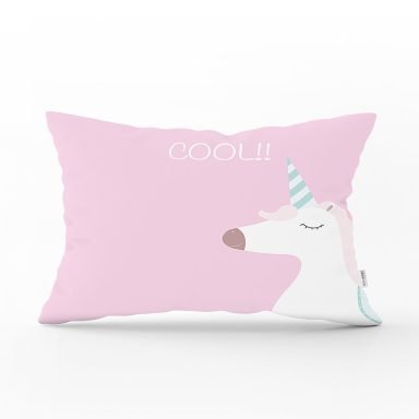 Pembe Zemin Cool Yazılı Unicorn Baskılı Dijital Baskılı Çocuk Odası Dikdörtgen Yastık Kırlent Kılıfı
