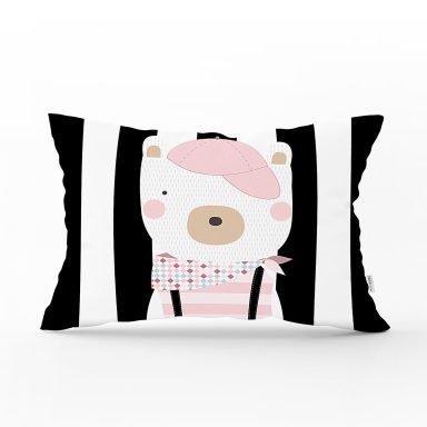 Siyah Çizgili Zemin Şapkalı Ayıcık Desenli Dijital Baskılı Modern Dikdörtgen Yastık Kırlent Kılıfı