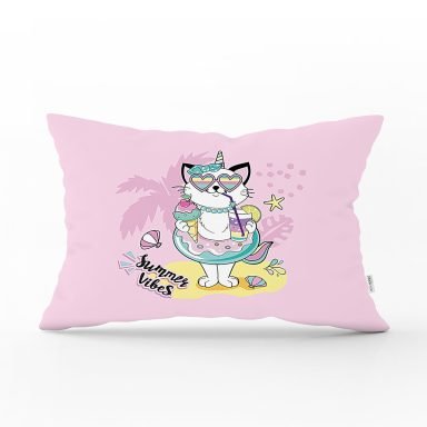 Pembe Zemin Tatil Temalı Sevimli Kedi Desenli Dijital Baskılı Modern Dikdörtgen Yastık Kırlent Kılıfı
