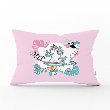 Pembe Zeminde Tatil Temalı Unicorn Desenli Dijital Baskılı Modern Dikdörtgen Yastık Kırlent Kılıfı