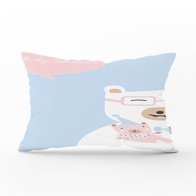 Mavi Zeminde Anne Ve Yavru Ayı Baby Shower Dijital Baskılı Çocuk Odası Dikdörtgen Yastık Kırlent Kılıfı