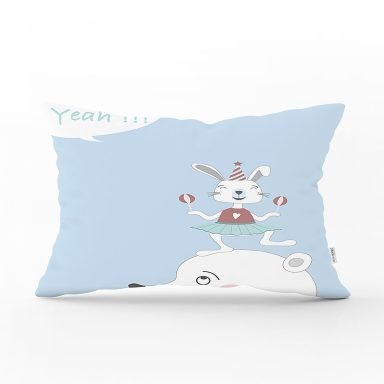 Mavi Zeminde Sevimli Sirk Tavşanı Çocuk Odası Dikdörtgen Yastık Kırlent Kılıfı
