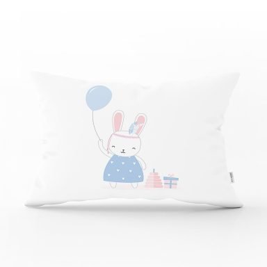 Realhomes Beyaz Zeminde Balonlu Sevimli Tavşan Modern Dikdörtgen Yastık Kırlent Kılıfı