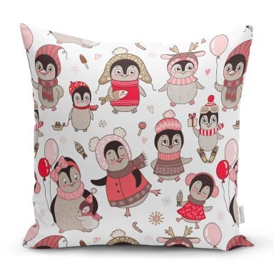 Realhomes Sevimli Penguen ve Yavruları Özel Tasarım Dijital Baskılı Modern Yastık Kırlent Kılıfı