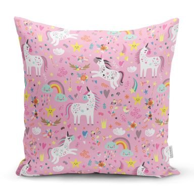 Realhomes Pembe Zeminli Unicorn Motifli Özel Tasarım Dijital Baskılı Modern Yastık Kırlent Kılıfı