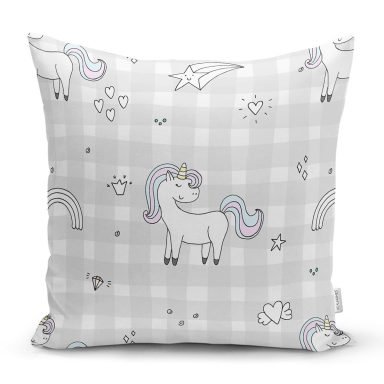 Realhomes Açık Vizon Ekose Zeminli Unicorn Desenli Özel Tasarım Dijital Baskılı Modern Yastık Kırlent Kılıfı