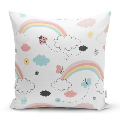 Realhomes Gökkuşağı ve Kelebek Motifli Özel Tasarım Dijital Baskılı Modern Yastık Kırlent Kılıfı