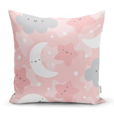 Realhomes Renkli Bulutlar Arasında Ay Yıldız Tasarımlı Dijital Baskılı Modern Yastık Kırlent Kılıfı