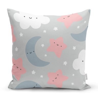 Realhomes Renkli Bulutlar Arasında Ay Yıldız Tasarımlı Dijital Baskılı Modern Yastık Kırlent Kılıfı