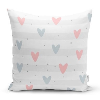 Realhomes Mint Yeşili Çizgiler Üzerine Kalp Motifli Özel Tasarım Dijital Baskılı Modern Yastık Kırlent Kılıfı