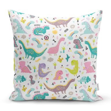 Realhomes Renkli Sevimli Dinozorlar Çizimli Özel Tasarım Dijital Baskılı Modern Yastık Kırlent Kılıfı