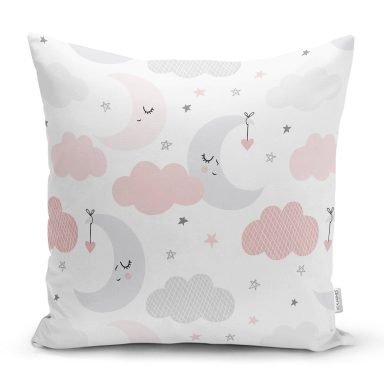 Realhomes Renkli Ay Bulut Motifli Özel Tasarım Dijital Baskılı Modern Yastık Kırlent Kılıfı