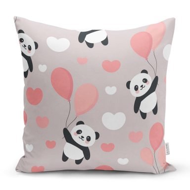 Realhomes Balonlu Panda Tasarımlı Dijital Baskılı Modern Yastık Kırlent Kılıfı