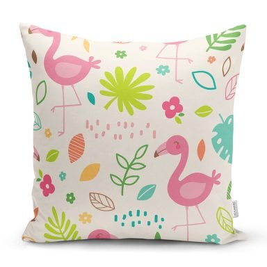 Krem Zeminde Flamingo Desenli Dijital Baskılı Özel Tasarım Modern Yastık Kırlent Kılıfı