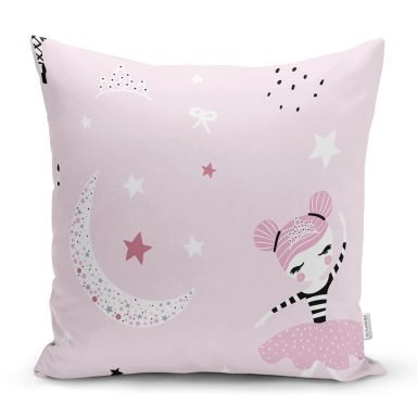 Pembe Zeminde Balerin Desenli Dijital Baskılı Özel Tasarım Modern Yastık Kırlent Kılıfı